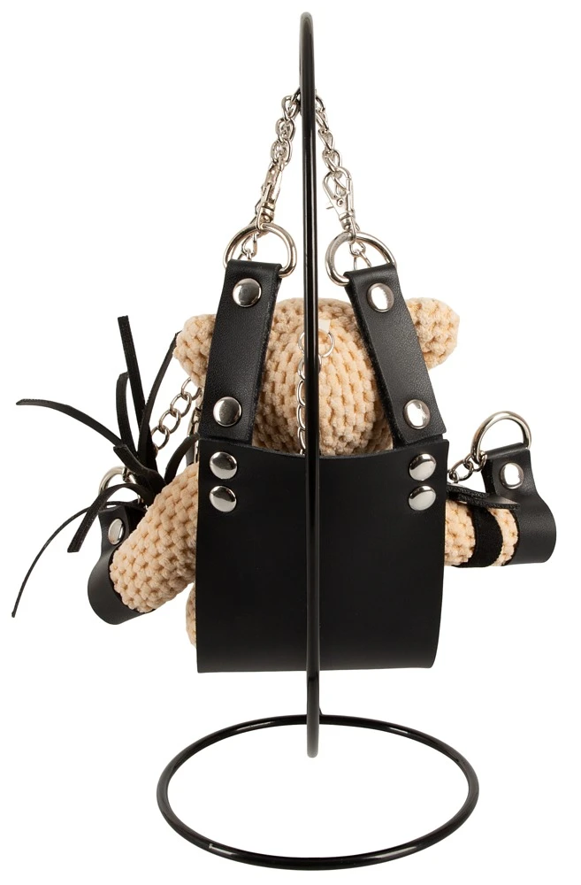 Bad Kitty SM-Teddy mit Mini-Sexschaukel gehäkelter Plüschbär mit Lederimitat-Harness, Fesseln, Peitsche und Schlüsselanhänger, superweich und 11 cm groß