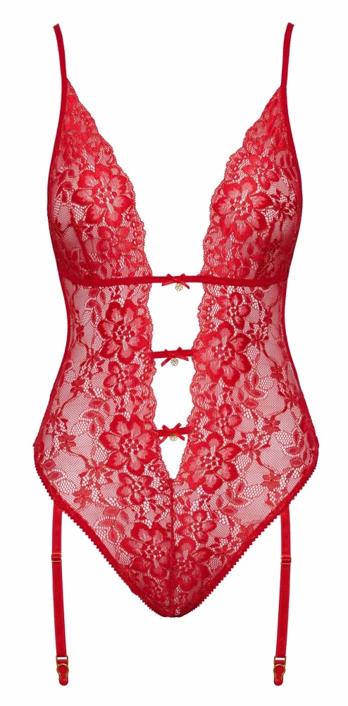 Verführerischer Straps-Body von kissable komplett aus feiner roter Spitze mit goldfarbenen Reflexen und Details.