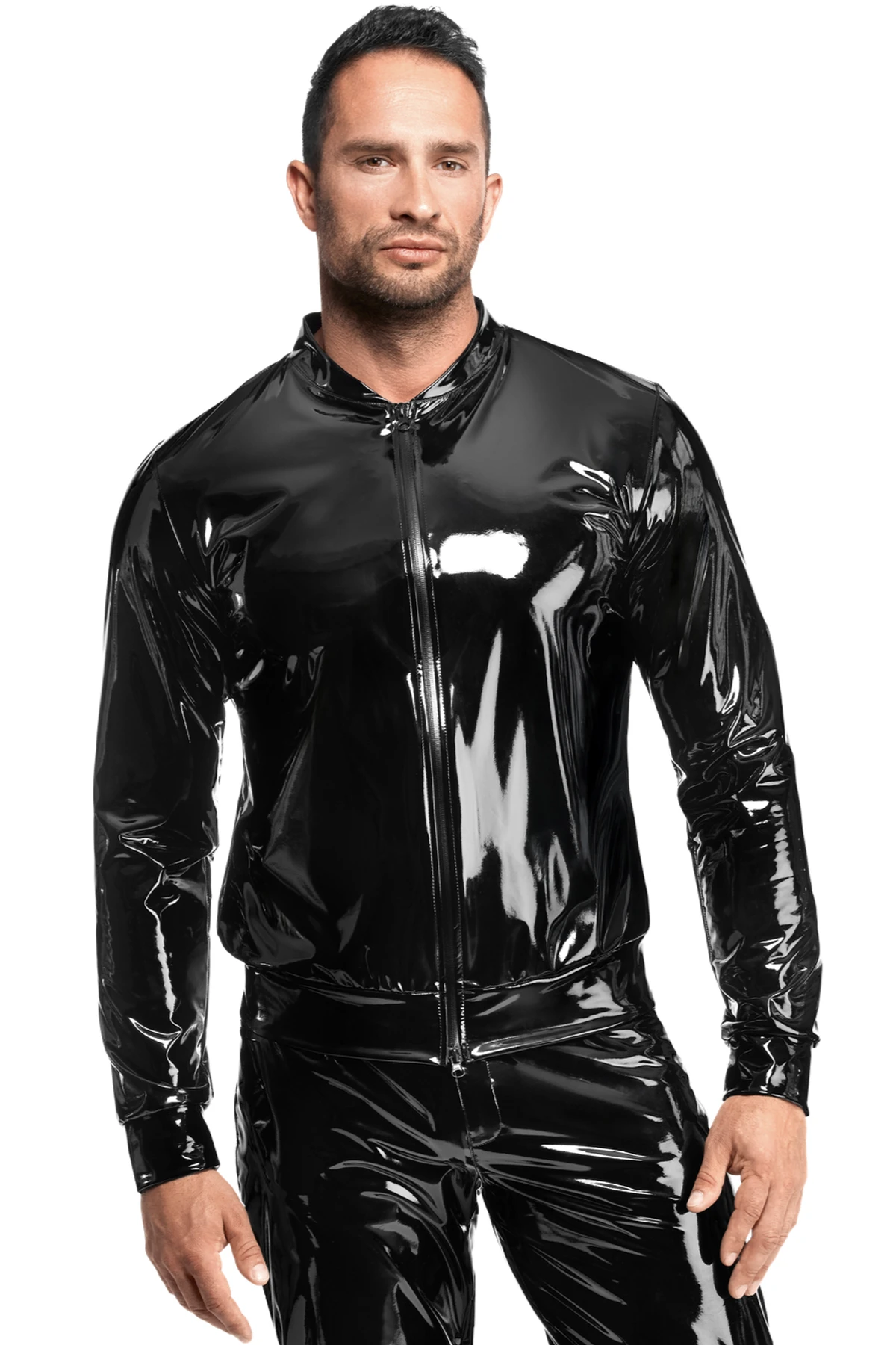 Herren Kinky Lack Jacke H092 aus glänzendem, dehnbarem Material mit breitem Bund, schwarzem Front-Reißverschluss und funktionalem 2-Wege-Zip für markante Styles von Noir Handmade Men