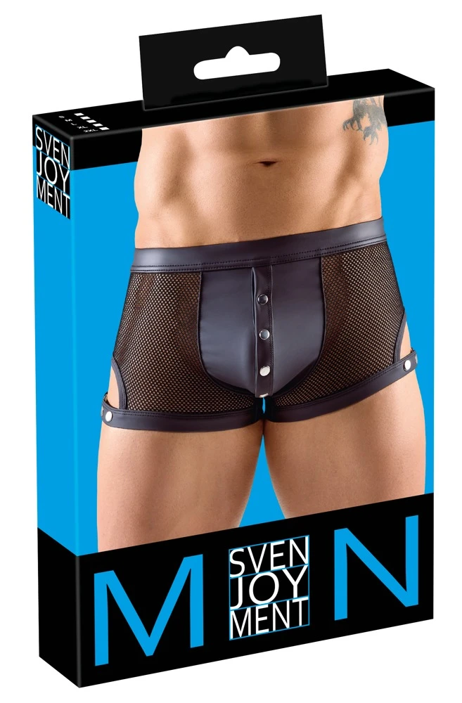 Schwarze Netz-Pants von NEK mit verstellbaren Schenkelriemen, Druckknopfleiste und elastischem Bund für optimalen Tragekomfort