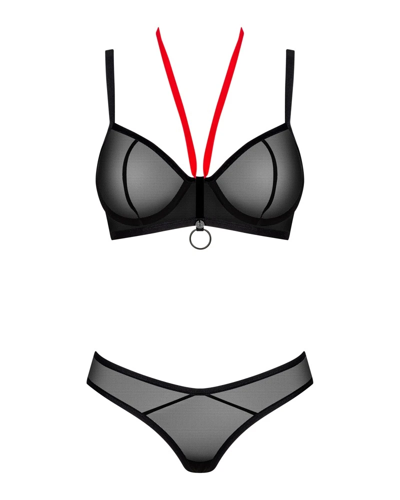 Obsessive Bügel-BH und String im Set Glandez in zarter schwarzer Transparenz. BH mit rotem Neckholder als stylischer Kontrast sowie Ring und kleinem Schmuckelement zwischen den Cups.
