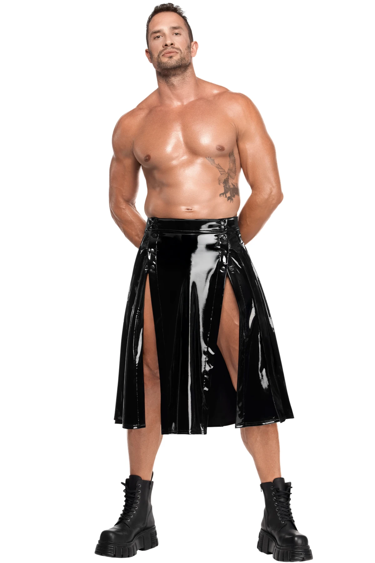 Langer Herren Kinky Lack Rock Empire H091 sexy Hochglanz mit dehnbarem Material, zwei Gehschlitzen vorn und Druckknopf-Front zum Öffnen von Noir Handmade Men